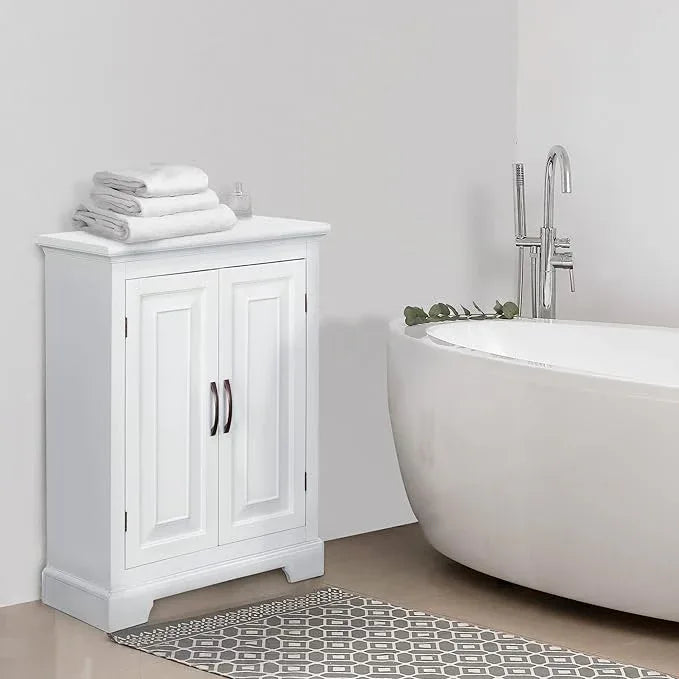 Teamson Home St. James Freestanding Floor Cabinet Bathroom Living Room Storage Organizer with 2 Doors 2 Adjustable Inner Shelves, White - ModernBath