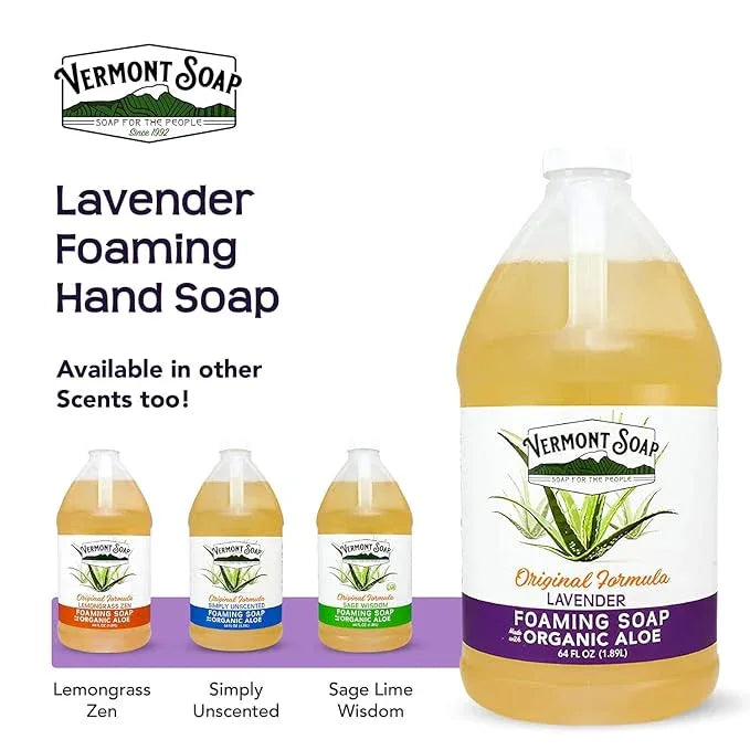VERMONT SOAP Organic Lavender Foaming Hand Soap - Natural Moisturizing Soap for Dry Skin - Fragrance Free Liquid Bathroom Hand Soap - Lavender- 64 oz - ModernBath