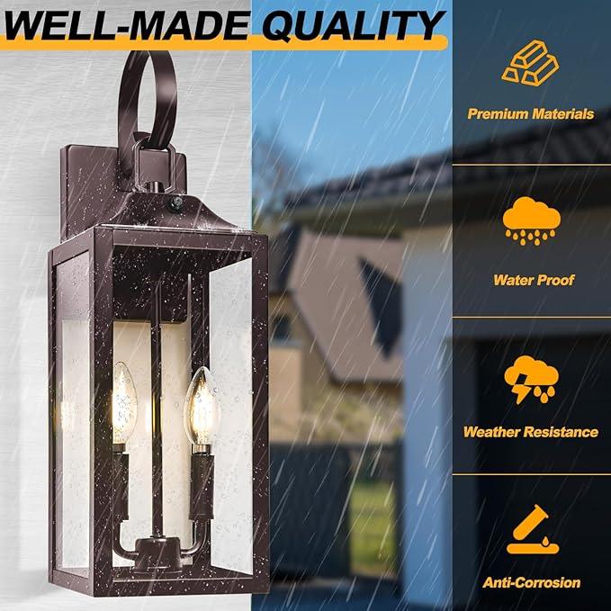 Oil Rubbed Bronze Dusk to Dawn Outdoor Wall Lighting, 19" Large Outside Modern Wall Sconce Lantern, Industrial Porch Light Wall Mount, Waterproof Farmhouse Exterior Lamp 2-Light Brown - ModernBath