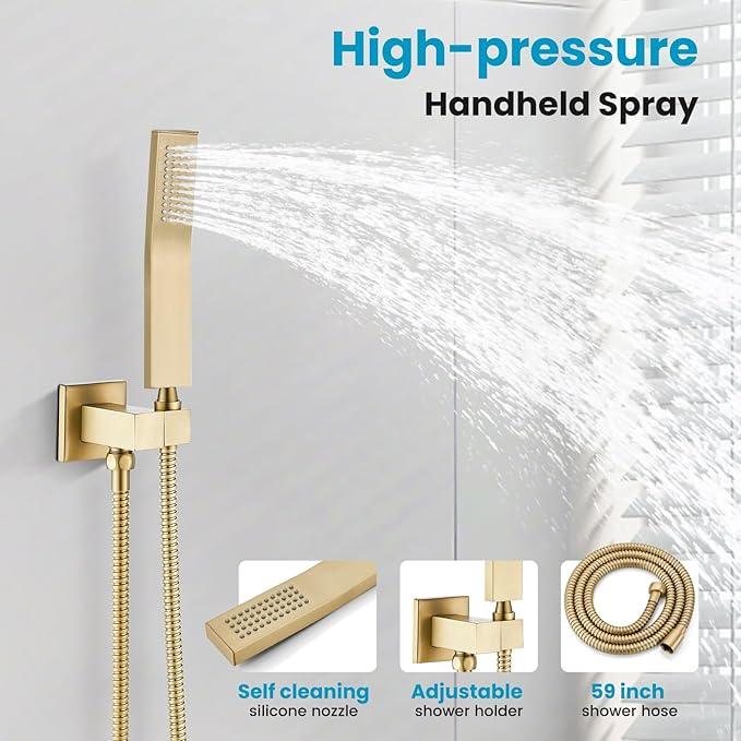 gotonovo Rainfall Bathroom Shower System Rain Shower Head and Handle Set Wall Mounted Shower Complete Combo Solid Brass Pressure Balancing Shower Mixer Valve 16 Inch Brushed Gold - ModernBath