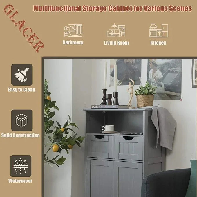 GLACER Multifunctional Floor Cabinet, Bathroom Cabinet with Removable Drawers and Adjustable Shelf for Bathroom, Living Room, Kitchen or Entryway, 24 x 12 x 43 inches (Grey) - ModernBath