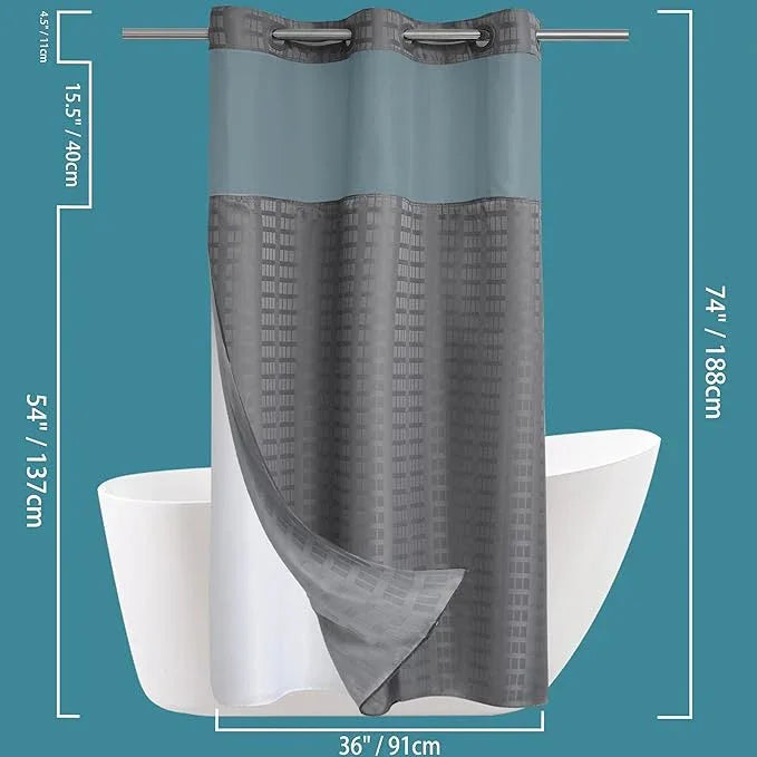 Conbo Mio Stall No Hook Shower Curtain with Snap in Liner Set, Hotel Luxury Grey Shower Curtains for Bathroom with See Through Top Window, Waterproof, Washable 36W x 74H - ModernBath