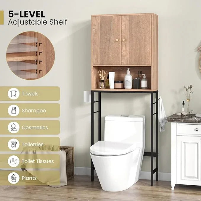Giantex Over The Toilet Storage Cabinet, Bathroom Space Saver W/Toilet Paper Holder & Hook, Adjustable Shelf & Bottom Bar, Open Storage Cube, Over Toilet Bathroom Organizer for Laundry, Restroom - ModernBath