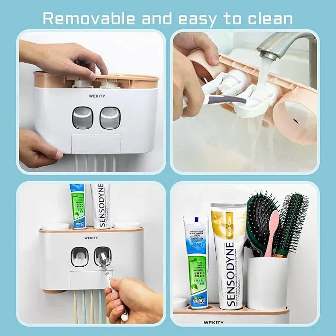 Toothbrush Holder Wall Mounted, WEKITY Multi-Functional Toothbrush and Toothpaste Dispenser for Bathroom, with 5 Toothbrush Slots, 2 Toothpaste Squeezers and 4 Cups(Pink) - ModernBath