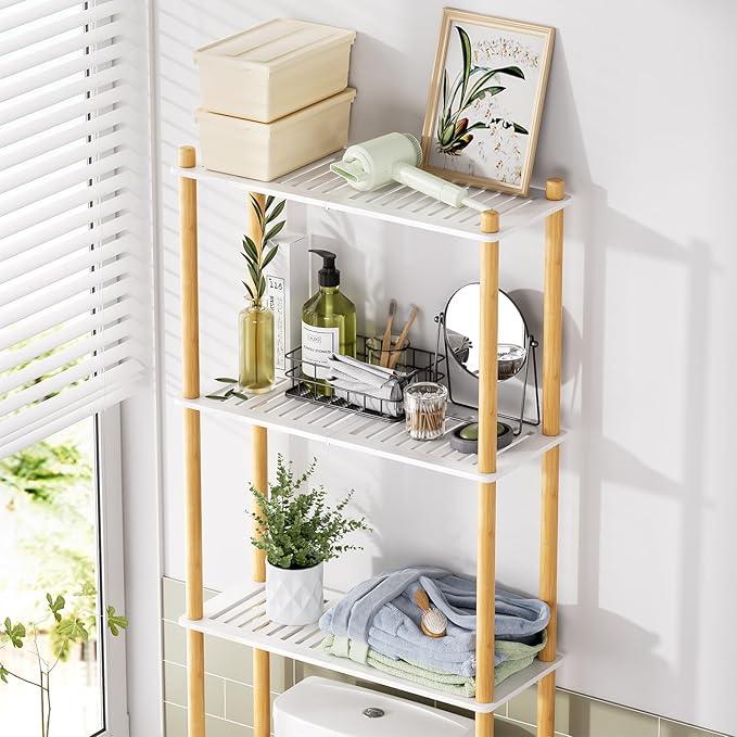 AmazerBath Bamboo Over The Toilet Storage Shelf, Bathroom Storage Organizer Rack, 3-Tier Bathroom Shelves Space Saver, White and Natural Color - ModernBath