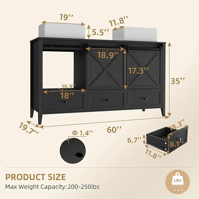 VNN Bathroom Vanity with Sink - 60 Inch Bathroom Vanity Double Sink Ceramic, Freestanding Cabinet with 2 Farmhouse Sliding Barn Doors and 5 Drawers, Space-Saving Storage Cabinet, Black Wood Grain - ModernBath