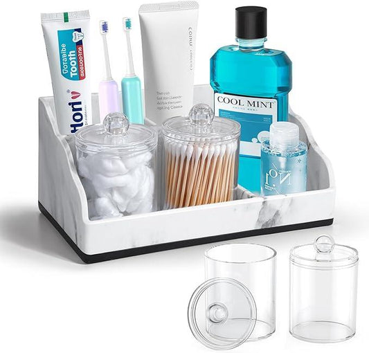 TuCao Marble Bathroom Countertop Organizer, Toothbrush Holders for Bathroom with 2PCS Qtip Holder Dispenser and Toothpaste Holder Drainage for Bathroom Accessories Organization Counter Vanity Storage - ModernBath
