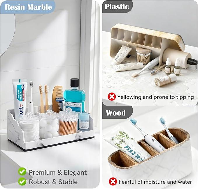 TuCao Bathroom Counter Organizer with 3PCS Qtip Holder, Marble Toothbrush Holders for Bathrooms, Bathroom Organizers and Storage with Drain Holes, Electric Toothbrush Holder, Vanity Organizer - ModernBath