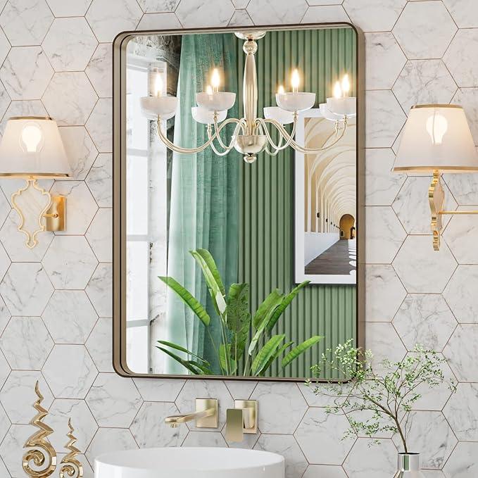 LOAAO 20”X30” Bronze Bathroom Mirrors for Vanity, Rounded Rectangle Brushed Bronze Metal Frame Mirror, Anti-Rust, Hangs Horizontally or Vertically - ModernBath