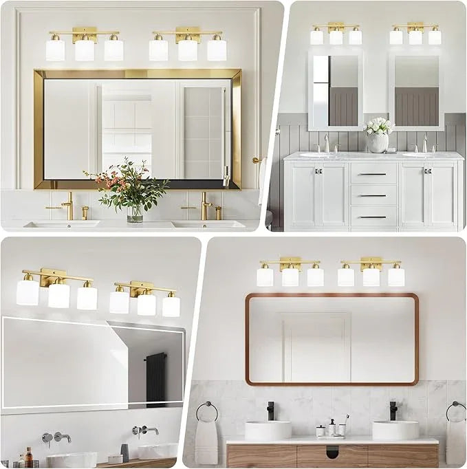 3 Light Gold Bathroom Light Fixtures, Modern Bathroom Vanity Lights with Milky White Frosted Glass Shades, Gold Vanity Mirror with Lights for Mirror Living Room E26 Base - ModernBath