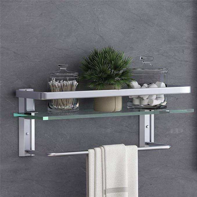 VOLPONE Glass Shelf with Towel Bar 15.7in Silver Bathroom Shelf Wall Mount Rustproof Bathroom Wall Organizer 1 Tier (Silver) - ModernBath