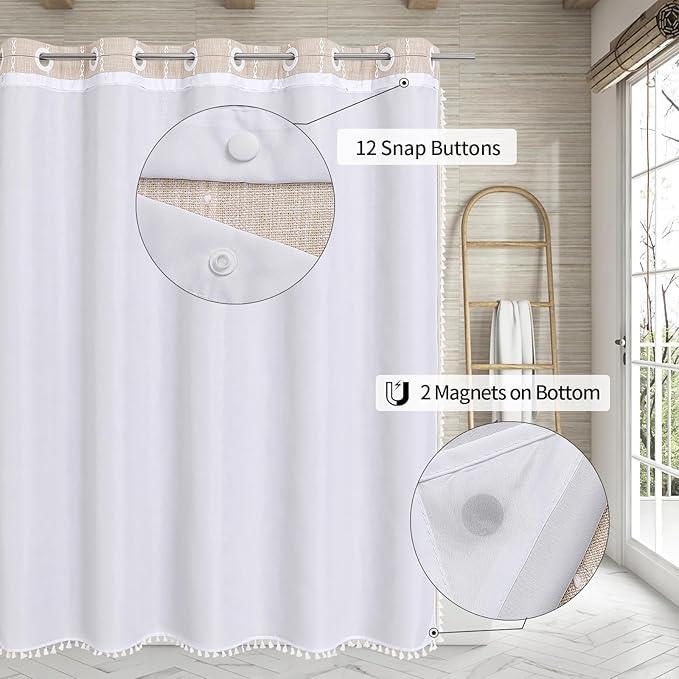 MitoVilla No Hooks Required Boho Farmhouse Shower Curtain with Snap-in Liner, Cotton Linen Fabric Shower Curtains with Tassels for Rustic Neutral Bathroom Decor, Beige/Cream, 72 x 74 - ModernBath
