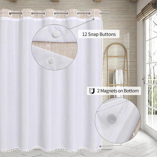 MitoVilla No Hooks Required Boho Farmhouse Shower Curtain with Snap-in Liner, Cotton Linen Fabric Shower Curtains with Tassels for Rustic Neutral Bathroom Decor, Beige/Cream, 72 x 74 - ModernBath