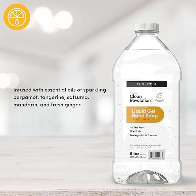 Clean Revolution Liquid Gel Hand Soap, Silky Rich Liquid, Quick Lather, Fast Rinsing, Contains Real Essential Oils (Dreamy Citrus) 64 Fl Oz - ModernBath