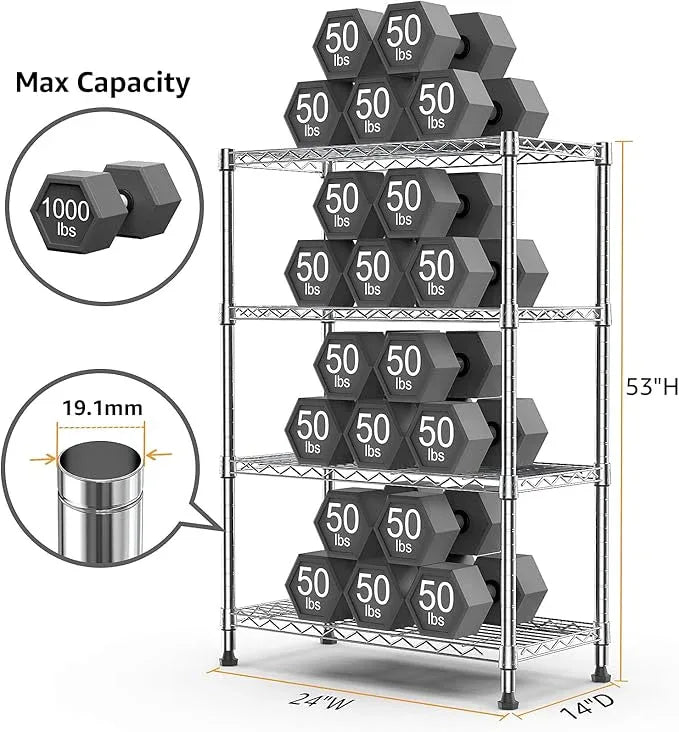 1000 lbs Storage Shelving 4-Tier Utility Shelving Unit Steel Organizer Wire Rack for Home,Kitchen,Office,Chrome (13.7" D x 23.6" W x 53.4" H) - ModernBath