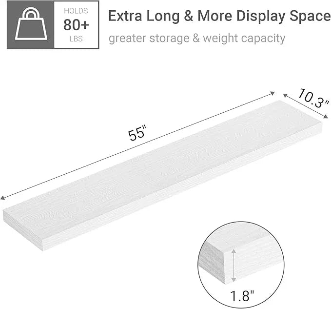 Vivelove 55" Long Floating Shelves for Wall, 10.3" Deeper & Thicker Storage Shelf for Living Room, Kitchen, Farmhouse,Wall Shelves with Invisible Brackets,Set of 1, White - ModernBath