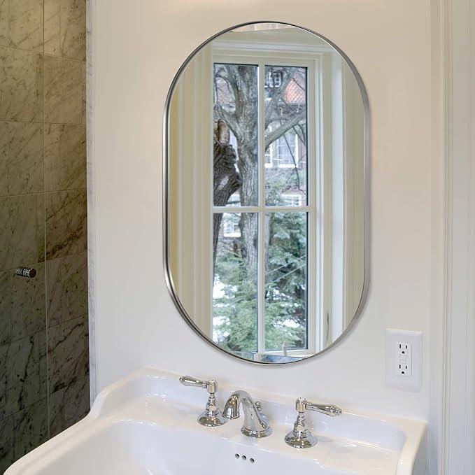 ANDY STAR 26x38’’ Brushed Nickel Oval Bathroom Mirror, Pill-Shaped Nickel Mirror Metal Framed, Stainless Steel Anti-Rust, Wall-Mounted Vertical/Horizontal - ModernBath