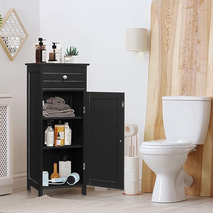 HAPPYGRILL Bathroom Floor Cabinet, Single Door Floor Storage Cabinet Organizer with Drawer and 3-Level Adjustable Shelves, Bathroom Cabinets Freestanding with Anti-Tipping Device for Living Room - ModernBath