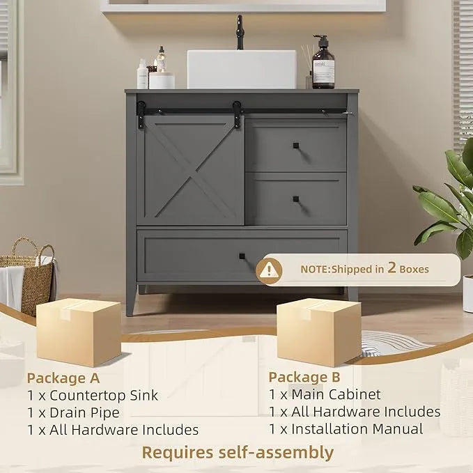 VNN Bathroom Vanity with Sink - 36 Inch Bathroom Vanity with Sink Ceramic, Freestanding Cabinet with Farmhouse Sliding Barn Door and 3 Drawers, Space-Saving Storage Cabinet, Grey - ModernBath
