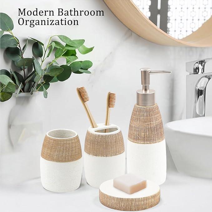CERBIOR Bathroom Accessories Set,4 Pcs Ceramic Bathroom Decor Accessory,Includes Toothbrush Holder, Toothbrush Cup, Soap Dish for Decorative Countertop and Housewarming Gift, (Brown White) - ModernBath