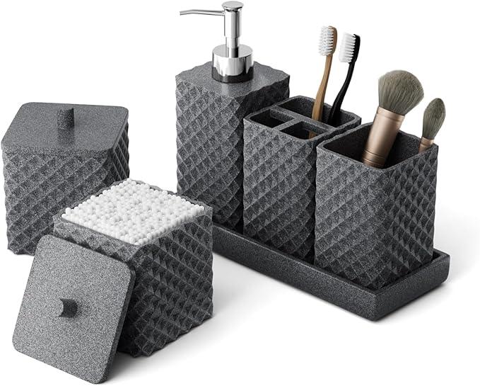 Bathroom Accessories Set Resin 6PCS, Square Toothbrush Holders Set Complete with Soap Dispenser, Vanity Tray, Tumbler, Cups and Cotton Swab Jars (Gray Diamond, Resin Bath 6 PCS) - ModernBath