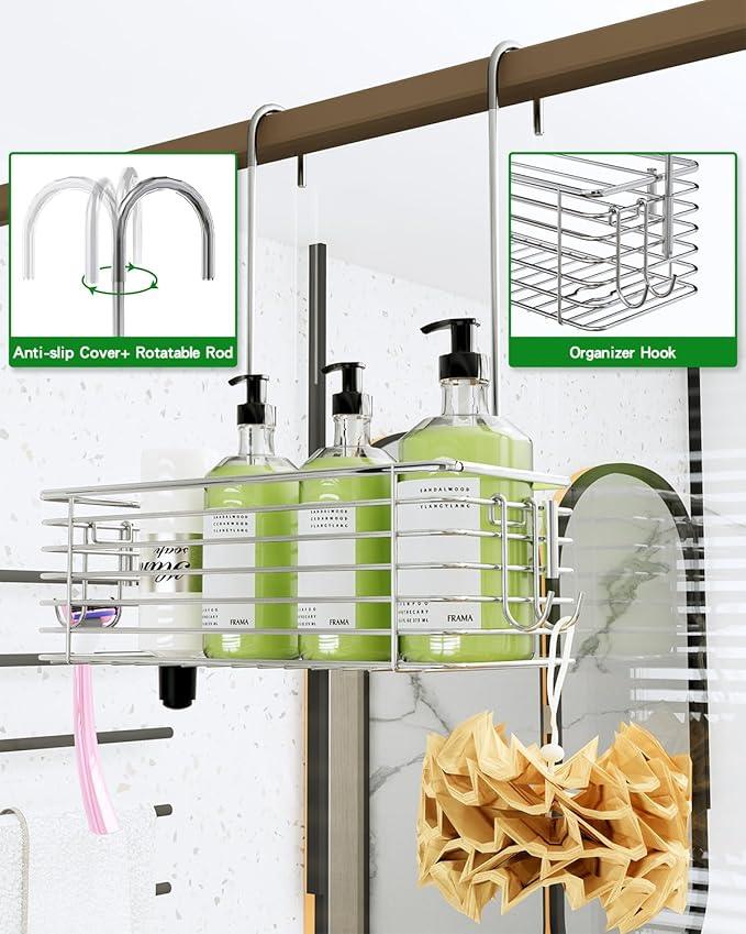 QIHS Over Door Shower Caddy, Stainless Steel Bathroom Organizer with Rotating Hooks, Hanging Storage Basket for Shampoo - ModernBath