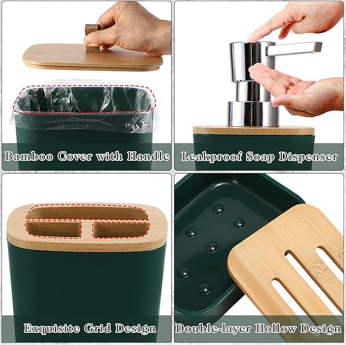 XLHOMO Dark Green Bathroom Accessories, Green Bathroom Accessories Set with Trash Can, Soap Dispenser, Toothbrush Holder, Toothbrush Cup, Soap Dish, Toilet Brush, Tray and Q-tip Holders - ModernBath