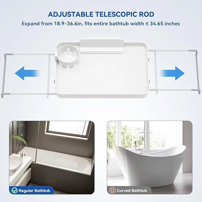 Bathtub Tray for Large Soaking Tub Table Tray Expandable Tub Shelf for Bathtub Caddy Bath Shelf Over Tub Luxury Bath Board Book Holder with Removable 2 Cup Holder Phone Metal Shower Caddy Basket White - ModernBath