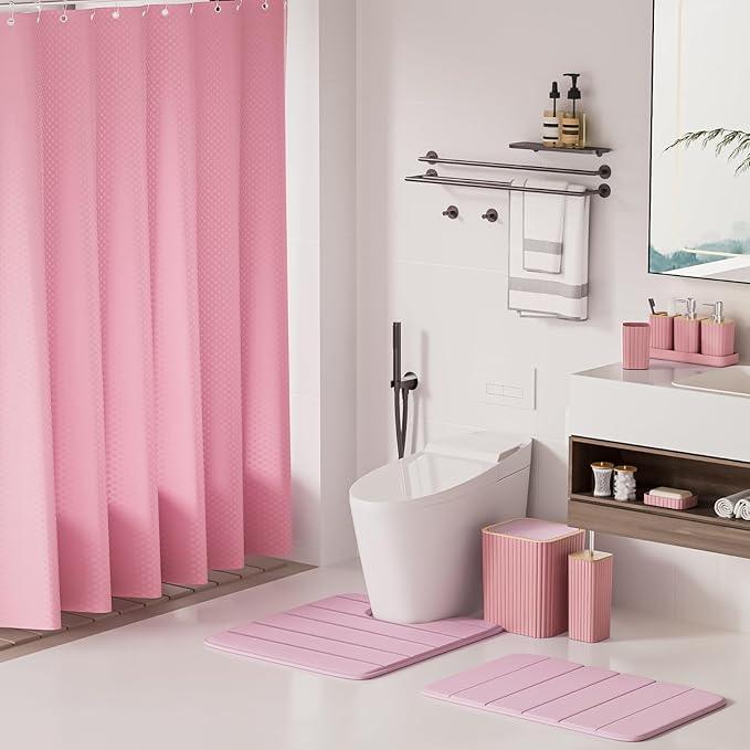 XLHOMO Bathroom Accessories Set - 25PC Pink Bathroom Set, Bathroom Set with Shower Curtain and Rugs, Pink Shower Curtain Set, Toilet Brush, Bathroom Trash Can - ModernBath