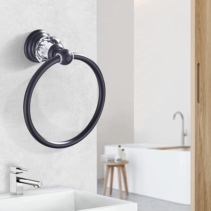WINCASE Crystal Towel Ring, Black Hand Towel Holder, Bathroom Round Towel Hanger Racks Wall Mount Matte Black - ModernBath