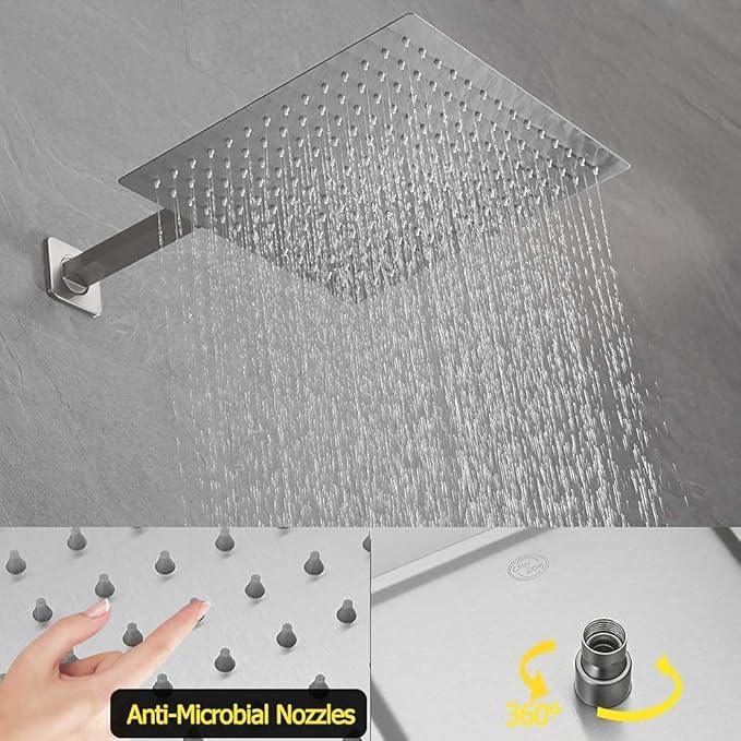 JingGang Brushed Nickel Rain Shower System Tub Shower Faucet Set 12 Inch Square Rainfall Shower Head with Handheld Sprayer and Tub Spout Rough-in Valve Shower Mixer Combo Kit - ModernBath