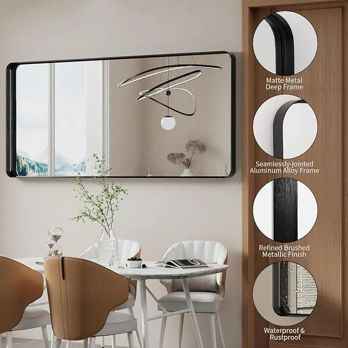 Koonmi Black Bathroom Mirror for Wall, 30x71 Inch Matte Metal Deep Framed Rounded Corner Wall Mirror, Shatterproof Tempered Glass for Farmhouse Bedroom Entryway, Vertically or Horizontally - ModernBath