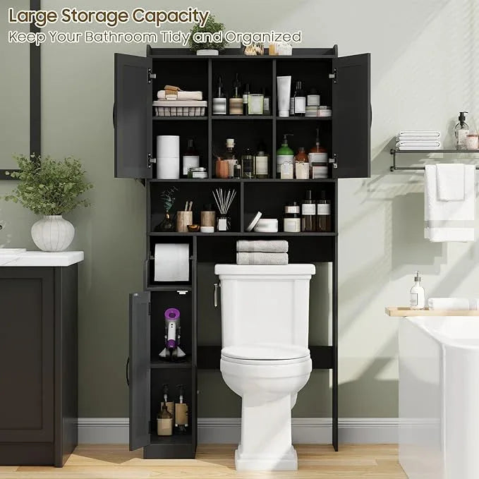 Over The Toilet Storage Cabinet, Bathroom Over Toilet Storage Organizer with Barn Doors and Paper Holder Stand Farmhouse Space Saving Rack Cabinet with Adjustable Shelves for Bathroom, Laundry (Black) - ModernBath