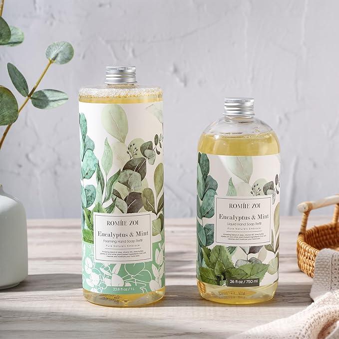 ROMIIE ZOI Liquid Hand Soap Refills, Eucalyptus & Mint, Gentle & Moisturizing Formula, 750 ML/ 26 FL OZ - ModernBath