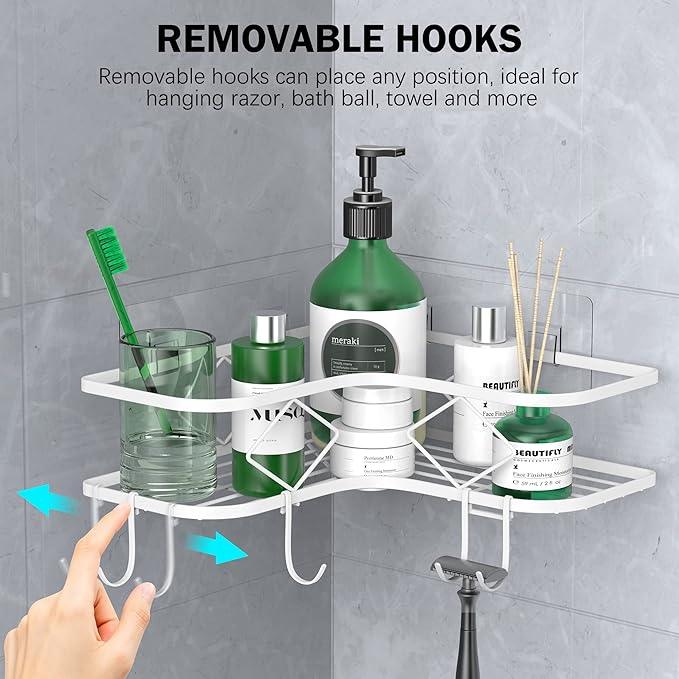 Shower Caddy, 2 Pack Corner Organizer Shelf, Rustproof Wall Mount Shower Storage Rack, No Drilling, 40 lbs Capacity (Glossy White) - ModernBath