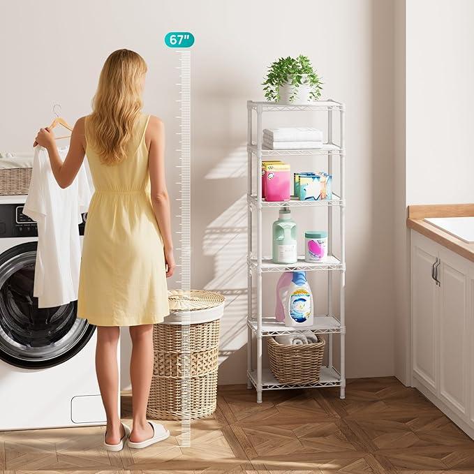 SINGAYE 6 Shelves Storage Shelf Wire Closet Bathroom Organizers Metal Pantry Kitchen Small Garage Shelving Unit Laundry Room Organization Home Corner Rack Estantes para Cocina White 10" Dx16 Wx60”H - ModernBath