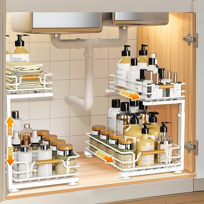 JYPS 2 Pack Under Sink Organizer, 2 Tier Pull out Under Kitchen Bathroom Sink Organizer and Storage, Metal Sliding Drawer for Cabinet Pantry Undersink Organizers Shelf - ModernBath