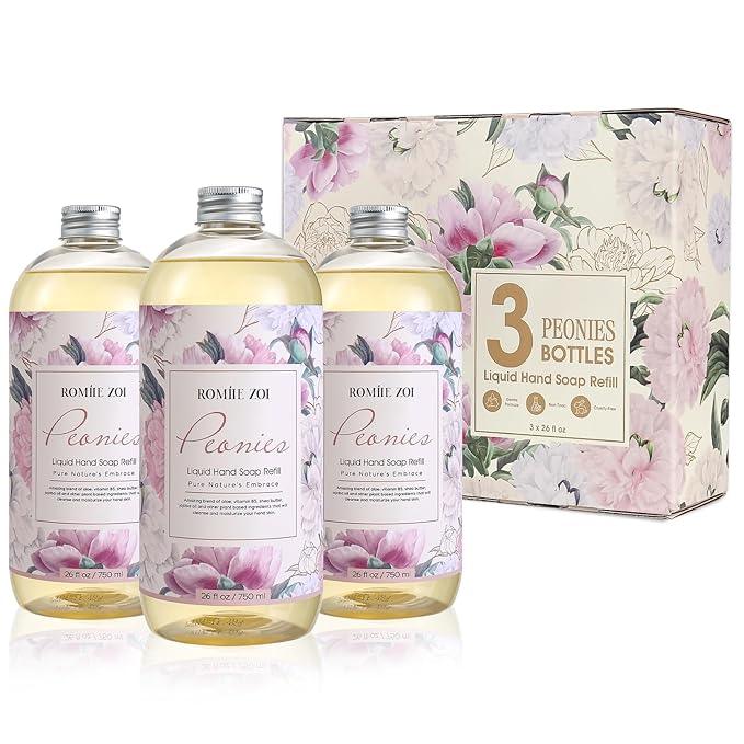ROMIIE ZOI Liquid Hand Soap Refills Gift Set – Peony Scent – 3 x 26 Fl Oz Bottles – Plant-Based, Non-Toxic, Gentle & Moisturizing Formula with Essential Oils – for Bathroom, Kitchen & Home Gifting - ModernBath
