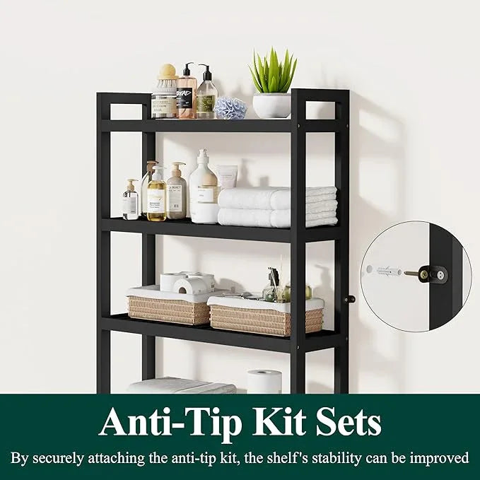 Smiry Over The Toilet Storage Cabinet, 4-Tier Bamboo Bathroom Organizers with Adjustable Shelf & 4 Hooks, Space Saving Shelf Rack for Bathrooms, Laundry Room, Balcony, Black - ModernBath