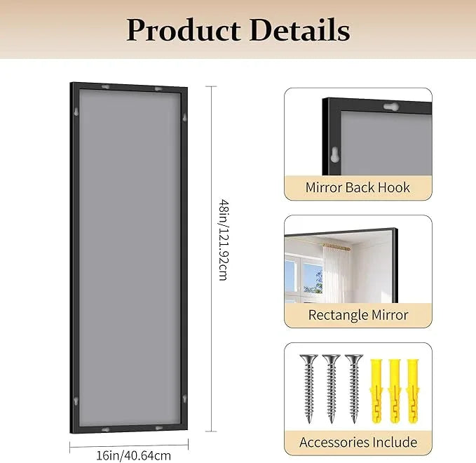 COFENY Black Bathroom Mirror for Wall, 16x48 Inch Rectangle Mirror with Metal Frame, Modern Vanity Mirrors for Bathroom Living Room, Entryway Hangs Horizontal or Vertical - ModernBath