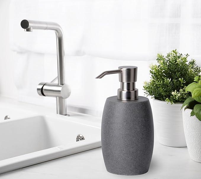 Clasin Home Sandstone Textured Resin Soap Dispenser with Metallic Pump and Waterproof Bottle Labels for Bathroom Kitchen Dish Hand Wash Shower Lotion Shampoo, 12 Oz, Gray - ModernBath