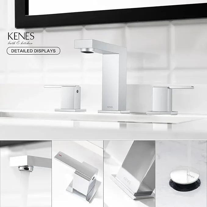 KENES Polished Chrome Widespread Bathroom Faucet 2 Handle Bathroom Sink Faucet 3 Hole, 8-Inch 3 Pieces Vanity Faucet with Pop Up Drain & Supply Lines, KE-9050-5-P - ModernBath