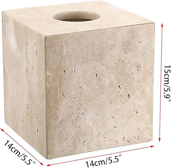 Sumnacon Square Tissue Box Cover Natural Travertine Tissue Cover with Pads, Heavy Duty Stone Tissue Box Holder,Gorgeous Tissue Holder for Toilet Bathroom Kitchen Bedroom Living Room Table,Light Beige - ModernBath