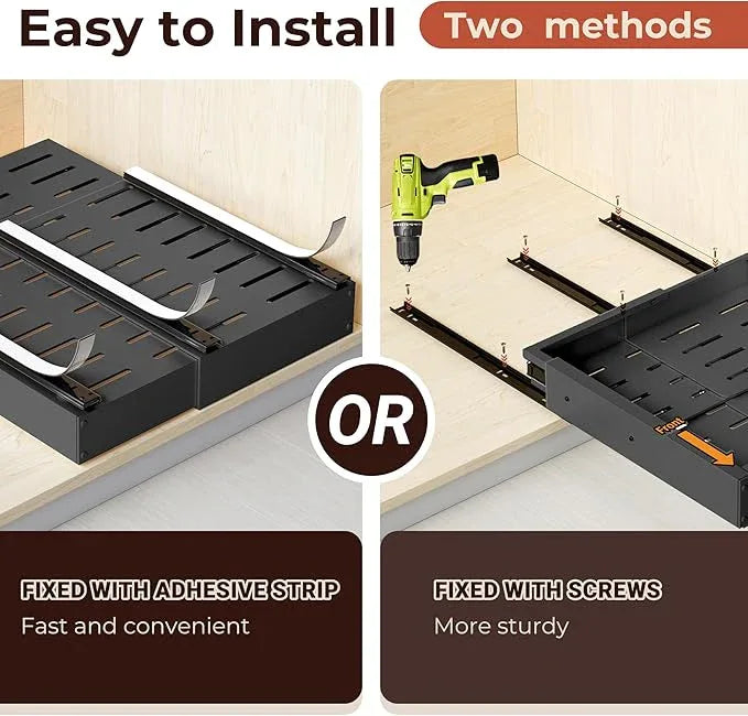2 Pack Pull Out Cabinet Organizer, Drawers Slide Out Expandable Width (10"-15") and Depth (11"-17") With 3 Slides, Fixed with Adhesive Film and Nail for Cabinets in Kitchen, Pantry or Bathroom - Black - ModernBath