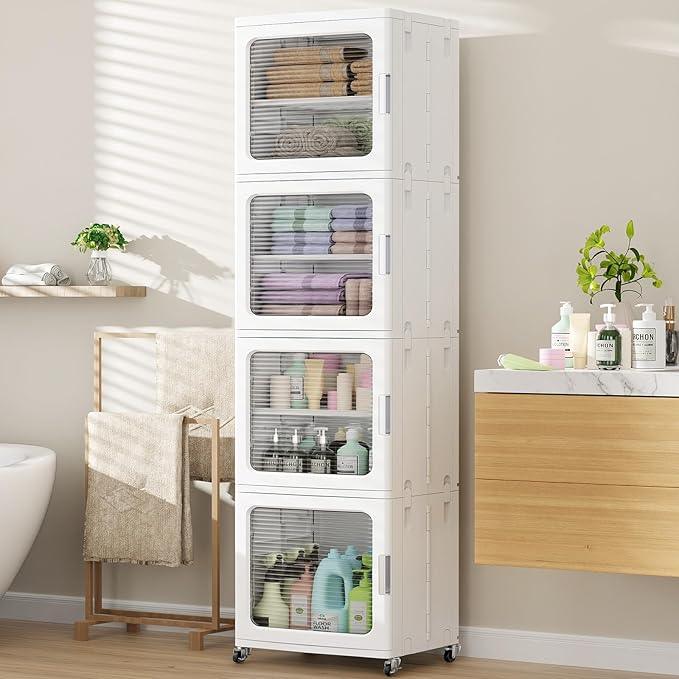BROVIEW 4-Tier Tall Narrow Storage Cabinet 14.6” Wide, Slim Bathroom Cabinets with Adjustable Shelves and Doors, Plastic Kitchen Pantry Organizers and Storages for Small Space, Laundry, White - ModernBath