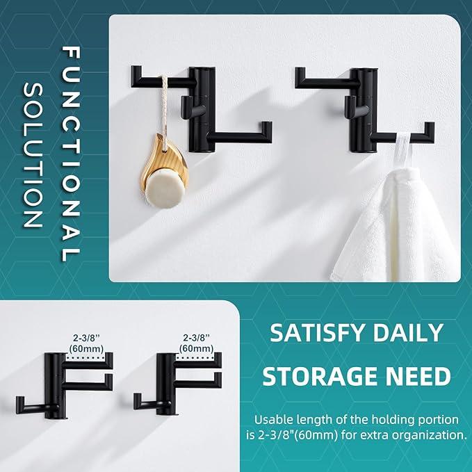 Angle Simple Swivel Towel Hooks for Bathroom, SUS 304 Stainless Steel Foldable 3 Arms Robe Towel Holder, Shower Wall Coat Hooks, Matte Black, 2 Pack - ModernBath