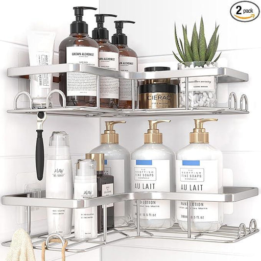 Corner Shower Caddy - 2 Pack, Adhesive Shower Organizers, Rustproof Stainless Steel Shower Shelves with 8 Hooks, No Drilling Bathroom Organizers and Storage Racks, Space-Saving, Silver, Large - ModernBath