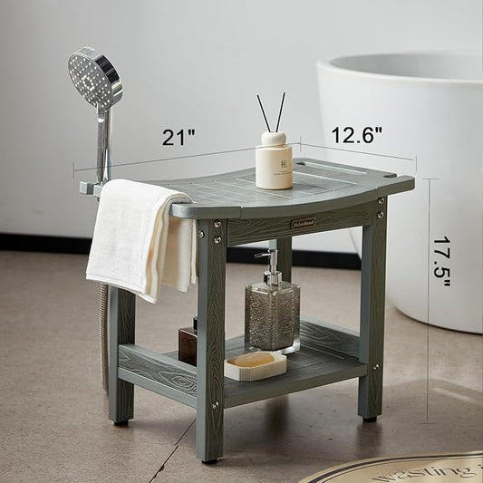 HDPS Shower Bench for Inside Shower, Gray Waterproof Shower Stool for Shaving Legs, Poly Lumber Shower Chair Seat with Handles & Shower Head Holder, Bathroom Shower Foot Rest Stool with Storage Shelf