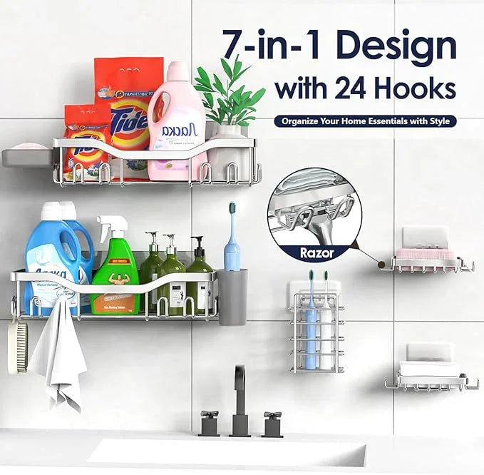 Shower Caddy Adhesive Shower Organizer 7-Pack, Rustproof Stainless Steel Bathroom Shelves, Large Capacity No-Drill Rack Storage Accessories with Soap Dish Toothbrush Holder Hooks (Silver) - ModernBath