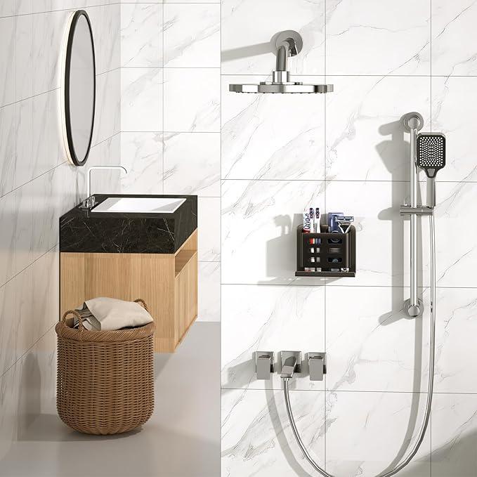 YESENT Black Wall-Mounted Toothbrush Holder, Aluminum Material Shower Shaver Storage Rack, No Drilling Required, Removable Toothpaste Storage Rack - ModernBath